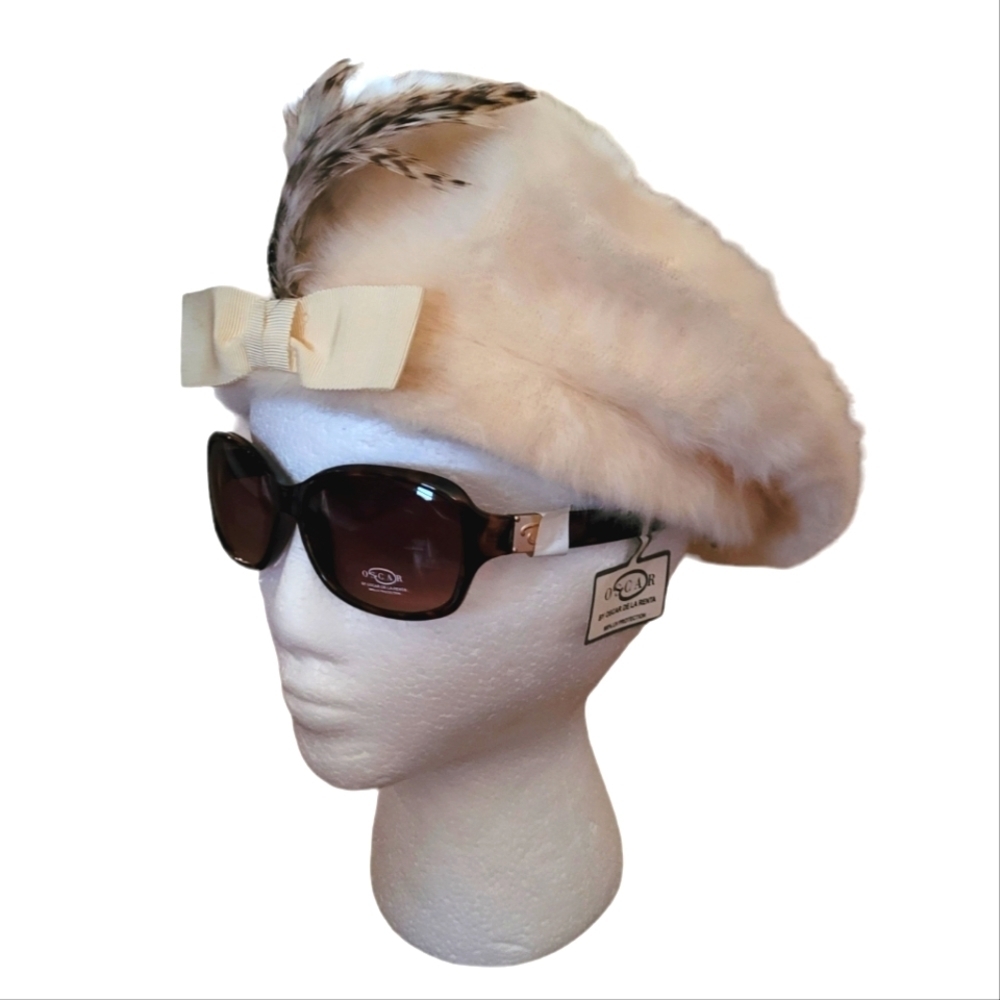 Vintage - Cream Angora Feather Bow Beret